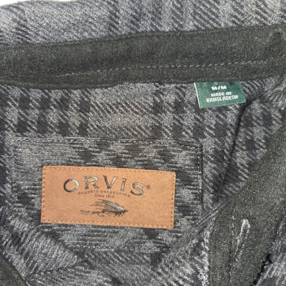 Orvis Mens Gray Black Plaid Flannel Shirt Long Sleeve Button Down Medium - Picture 3 of 7